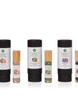 Crystal Ritual Collection with Rose Quartz HEART, Green Aventurine BALANCE and Amethyst CALM aromatherapy rollers in black gift tubes