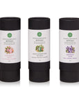 Three Crystal and Botanical Rituals black gift tubes for Rose Quartz HEART, Green Aventurine BALANCE and Amethyst CALM
