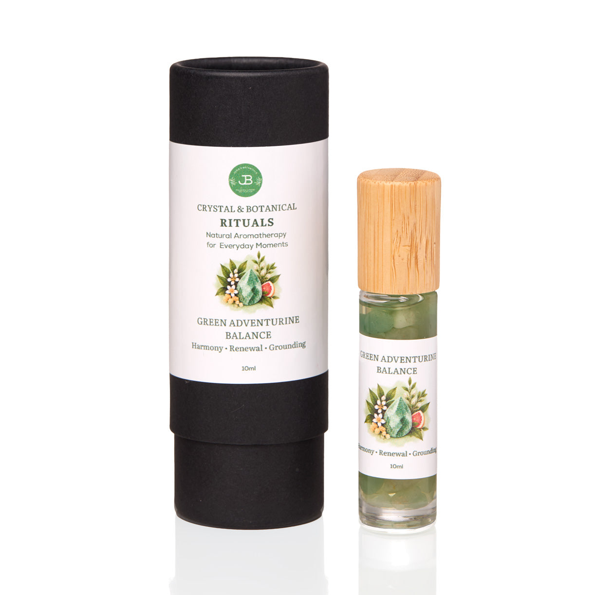 Green Aventurine BALANCE 10ml essential oil roller with green crystals, bamboo lid and black gift tube by Josie's Botanicals