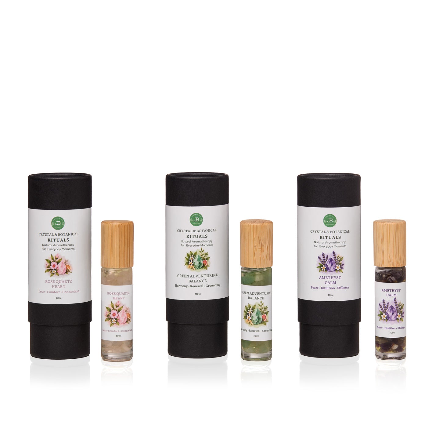 Crystal Ritual Collection with Rose Quartz HEART, Green Aventurine BALANCE and Amethyst CALM aromatherapy rollers in black gift tubes