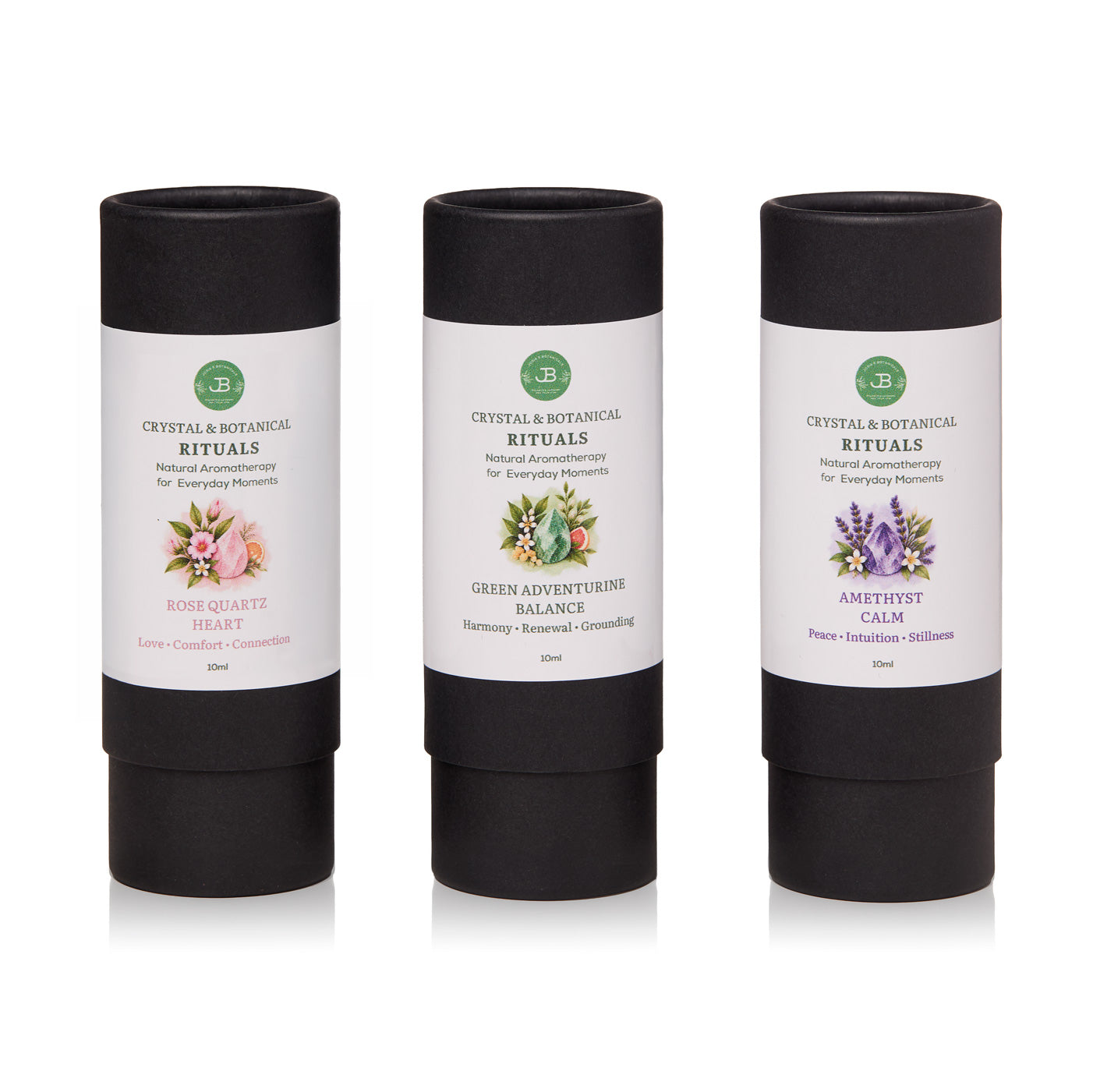 Three Crystal and Botanical Rituals black gift tubes for Rose Quartz HEART, Green Aventurine BALANCE and Amethyst CALM