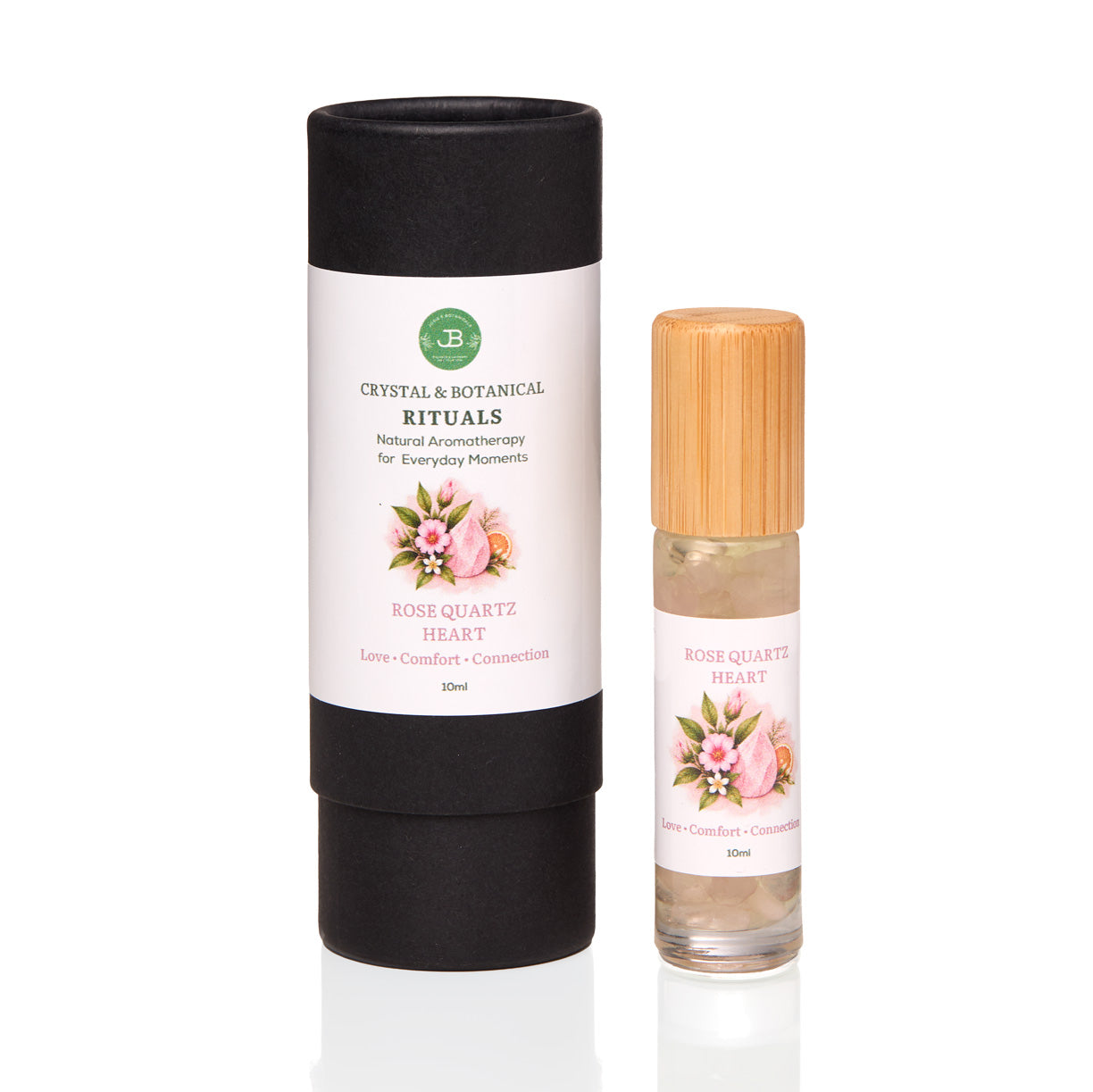 Rose Quartz HEART 10ml botanical aromatherapy roller with pink crystals, bamboo lid and black gift tube by Josie's Botanicals