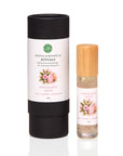 Rose Quartz HEART 10ml botanical aromatherapy roller with pink crystals, bamboo lid and black gift tube by Josie's Botanicals