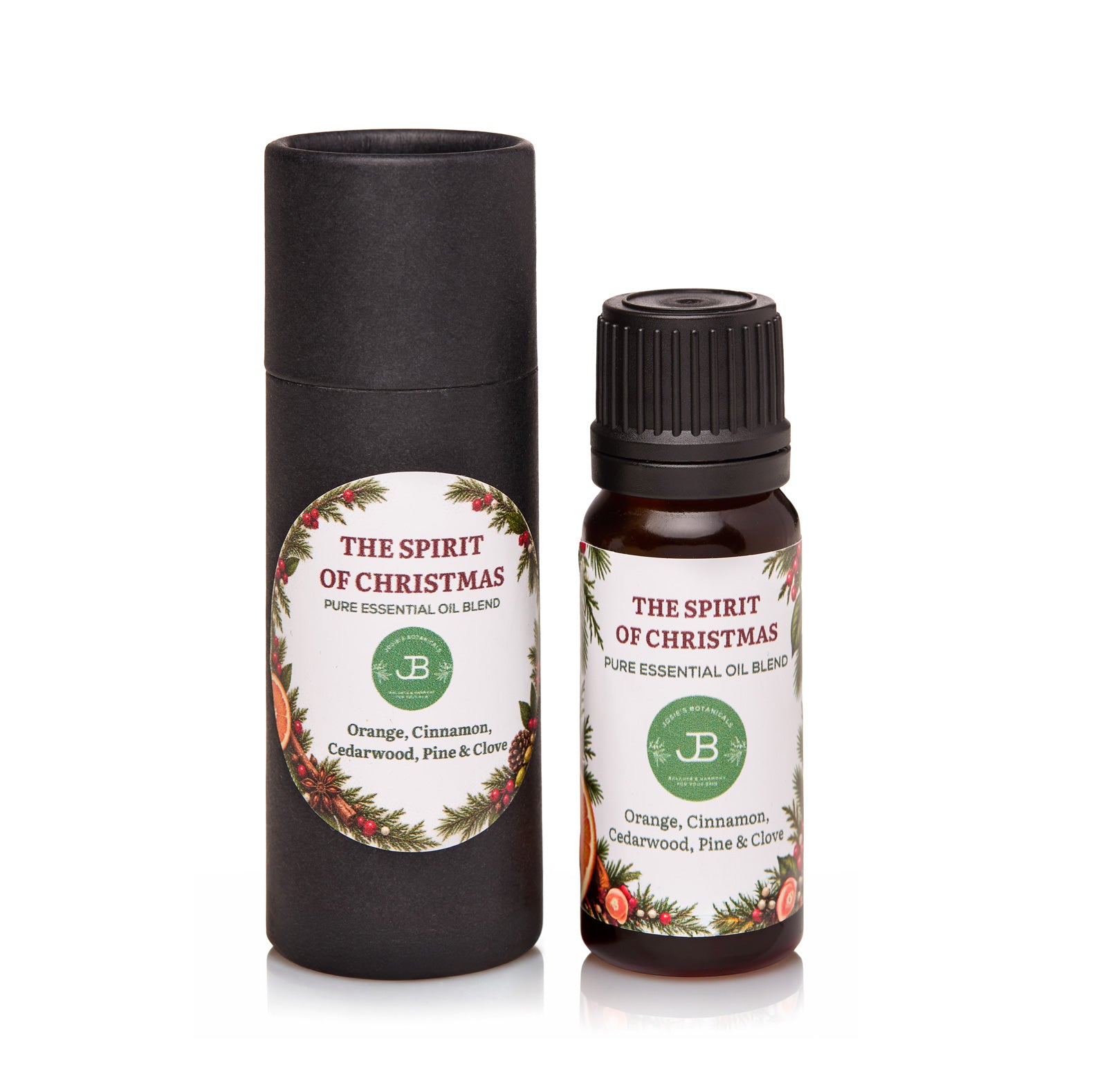 Spirit of Christmas pure essential oil blend by Josie's Botanicals in festive black gift tube